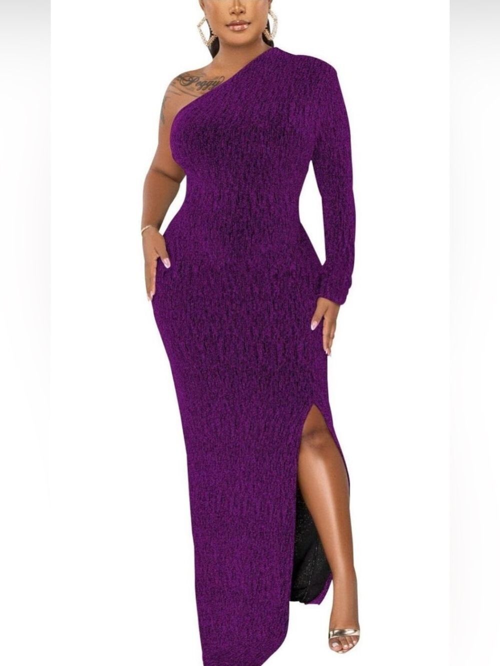 One-Shoulder Purple Maxi Dress with Side Slit